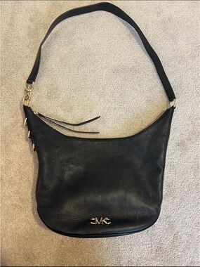 Michael Kors Black Pebbled Leather Shoulder Hobo with Gold MK Logo